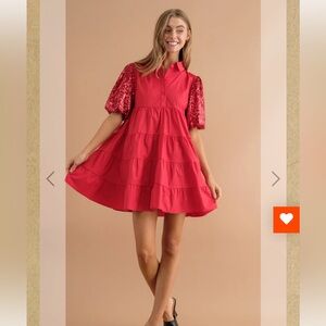 Blue B Tiered Poplin Button Up Shirt Dress w/Sequin Puff Sleeves